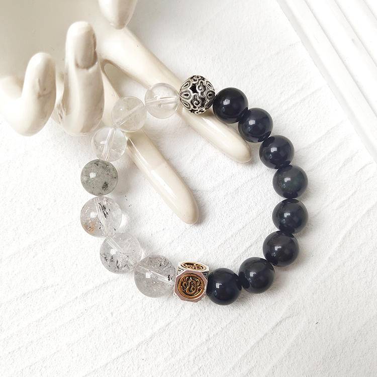 Men's Black Obsidian, Hematite & Quartz Beaded Bracelet | Natural Gemstone Jewelry