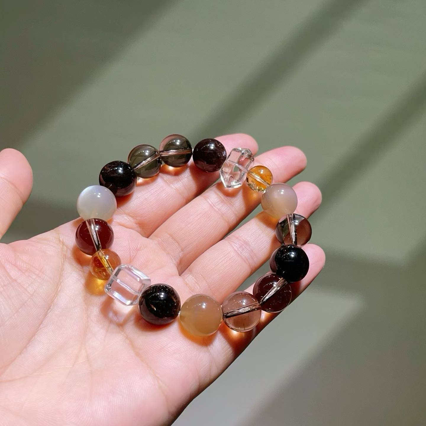 Natural Smoky Quartz & Black Gold Super Seven Gemstone Bracelet with Moonstone and Quartz