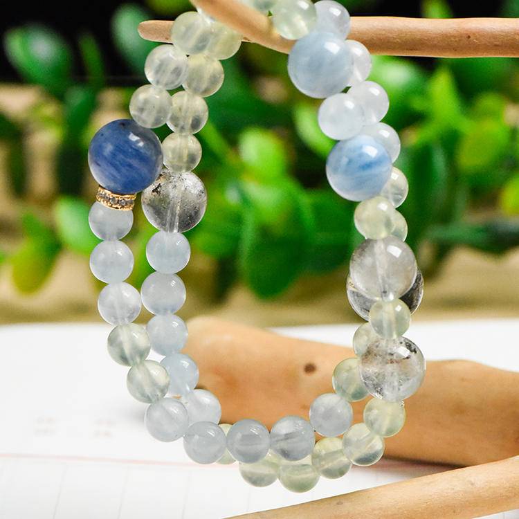 Water Wood Inspired Natural Gemstone Bracelet | Aquamarine & Green Phantom Quartz
