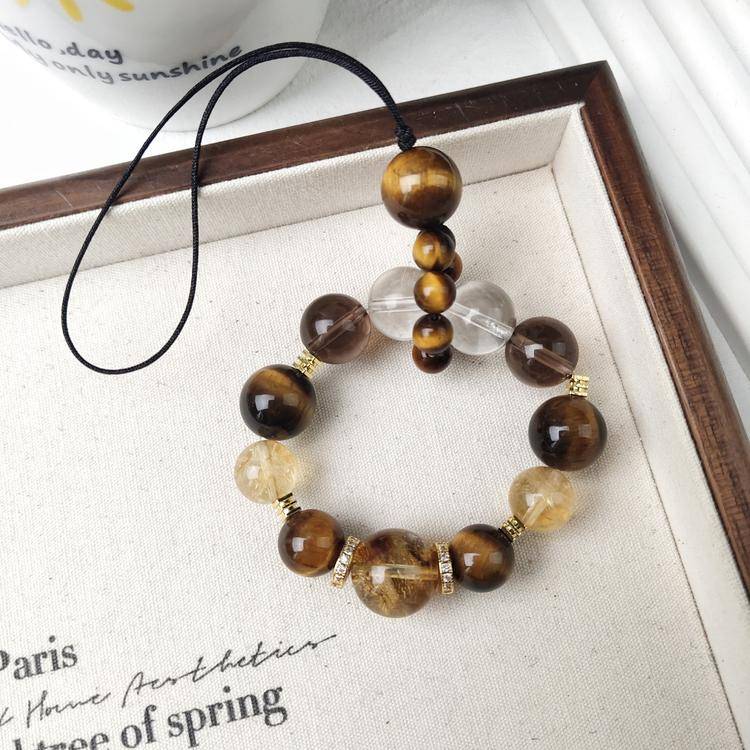 Natural Citrine & Tiger Eye Crystal Phone Charm | Golden Crystal Beaded Phone Strap, Lucky Gemstone Keychain & Bag Charm
