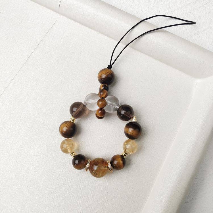 Natural Citrine & Tiger Eye Crystal Phone Charm | Golden Crystal Beaded Phone Strap, Lucky Gemstone Keychain & Bag Charm