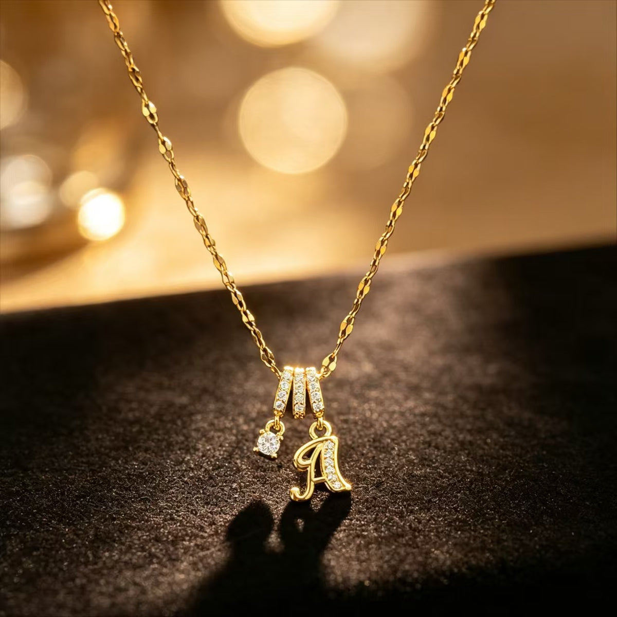 Copper Zircon Letter Necklace | Gold-Tone A-Z Initial Pendant | Stainless Steel Lip Chain