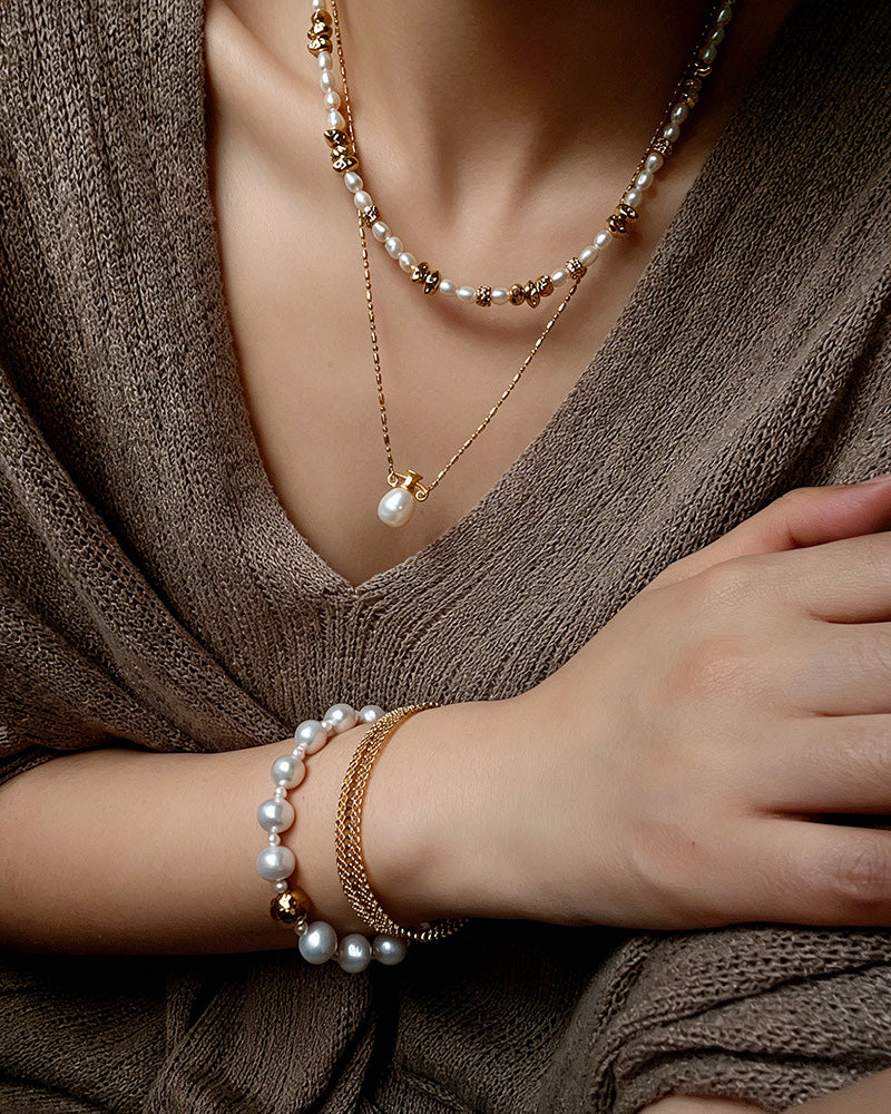 18K Gold Plated Freshwater Pearl & Hammered Bead Necklace | Minimalist Vintage Collar Necklace
