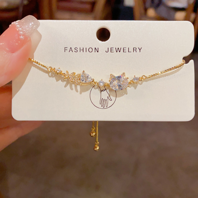 Zircon Cat Fishbone Slider Bracelet | Gold & Silver Sparkling Luxury Bracelet