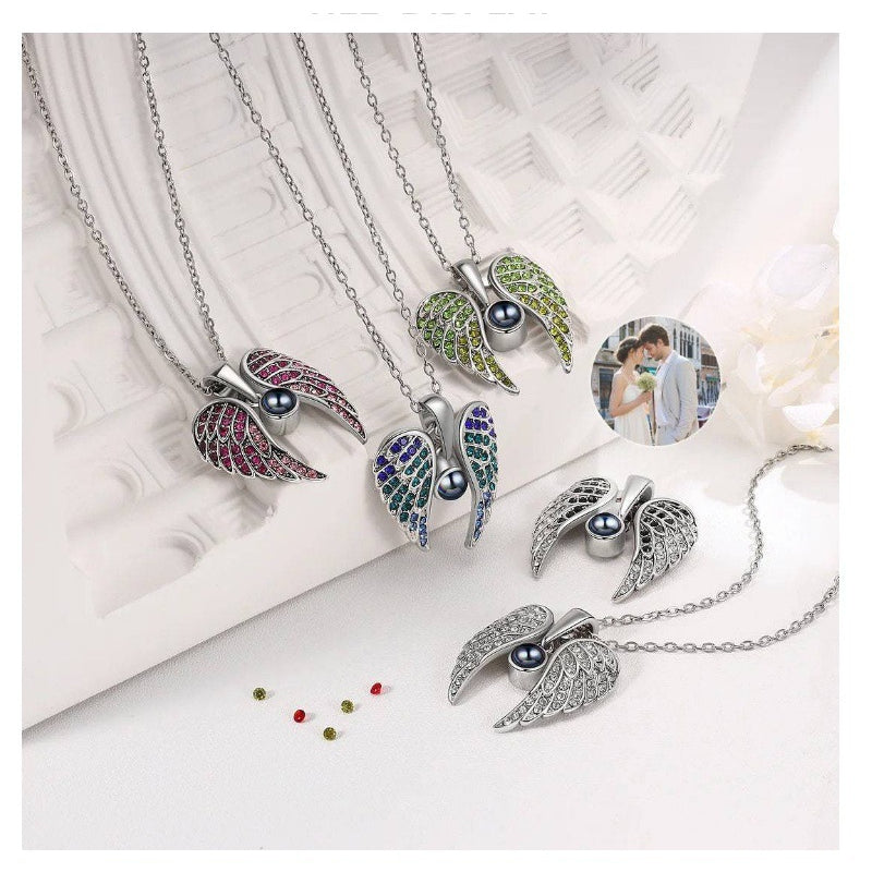 Angel wings custom photo projection necklace with hidden image pendant
