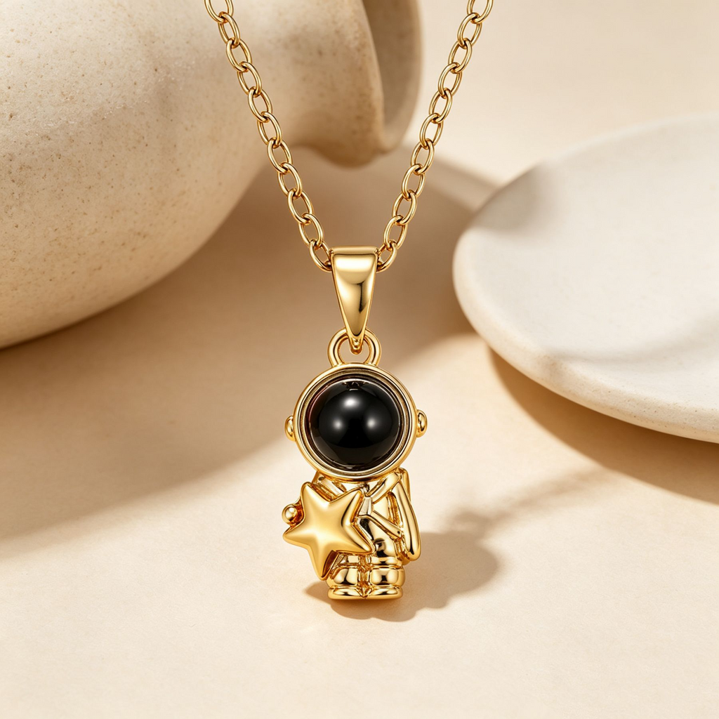 Astronaut star projection necklace with hidden photo pendant