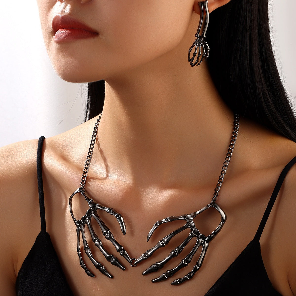 Gothic Punk Skull Necklace & Earrings Set | Vintage Statement Halloween Jewelry