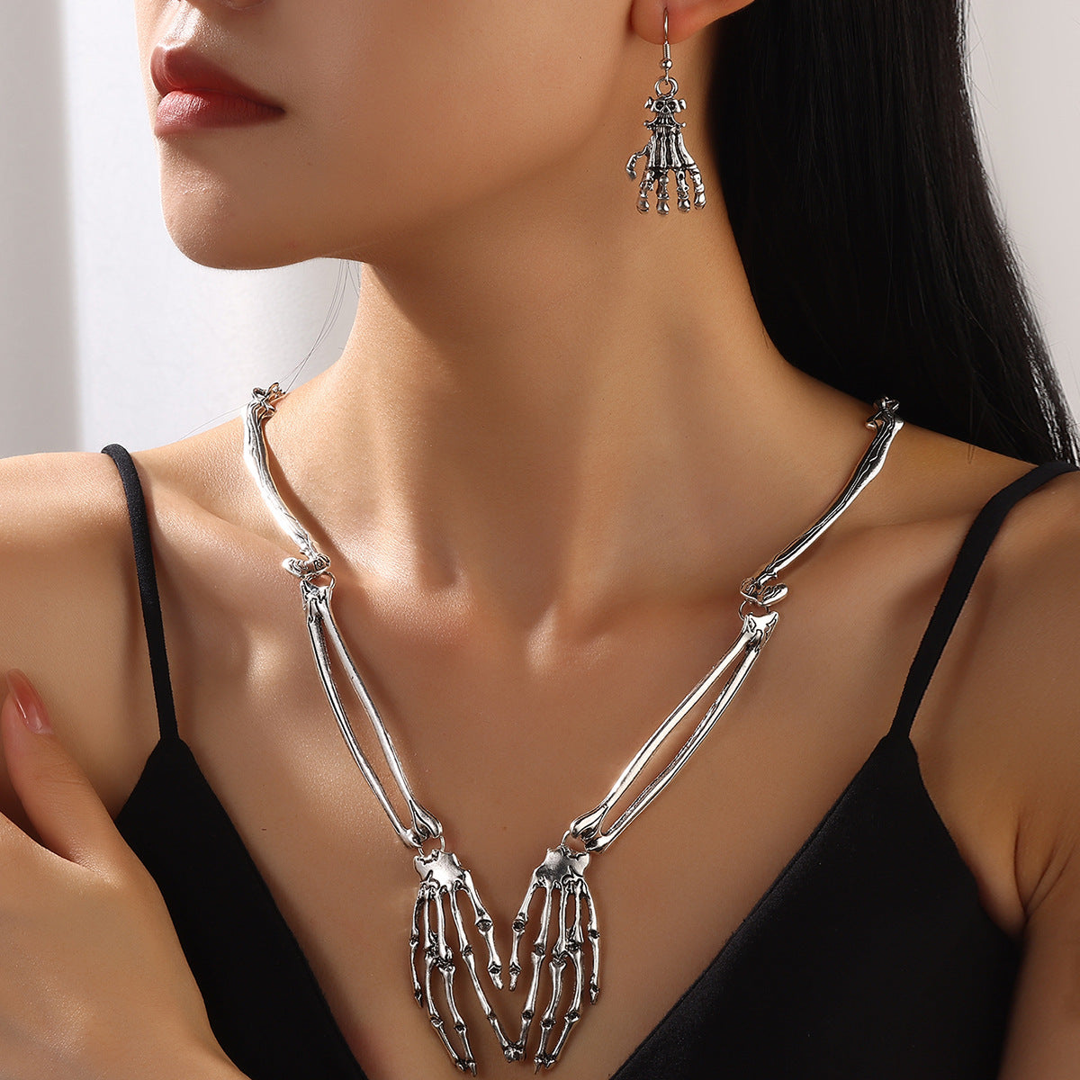 Gothic Punk Skull Necklace & Earrings Set | Vintage Statement Halloween Jewelry