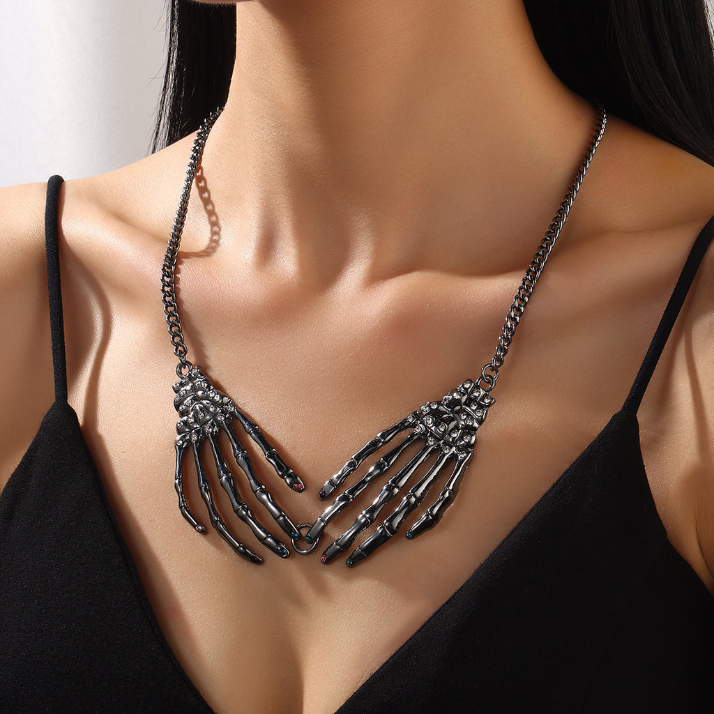 Gothic Punk Skull Necklace & Earrings Set | Vintage Statement Halloween Jewelry