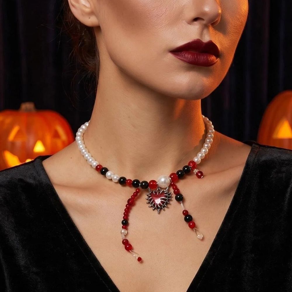 Pearl Blood Drop Necklace for Women | Punk Heavyweight Dark Necklace | Halloween Cool Girl Gothic Trendy Accessory