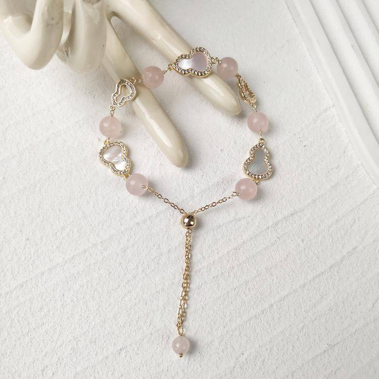 Natural Crystal Gourd Bracelet with Heart Mother-of-Pearl Clasp & Y Chain Drop, Rose Quartz Red Agate Amethyst Gemstone Bead Bracelet, Vintage Light Luxury Jewelry