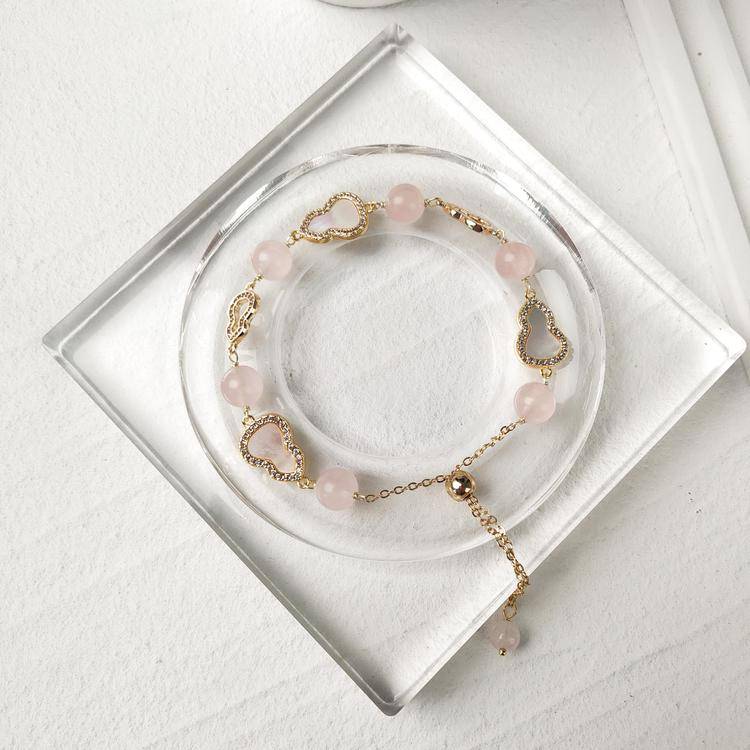 Natural Crystal Gourd Bracelet with Heart Mother-of-Pearl Clasp & Y Chain Drop, Rose Quartz Red Agate Amethyst Gemstone Bead Bracelet, Vintage Light Luxury Jewelry