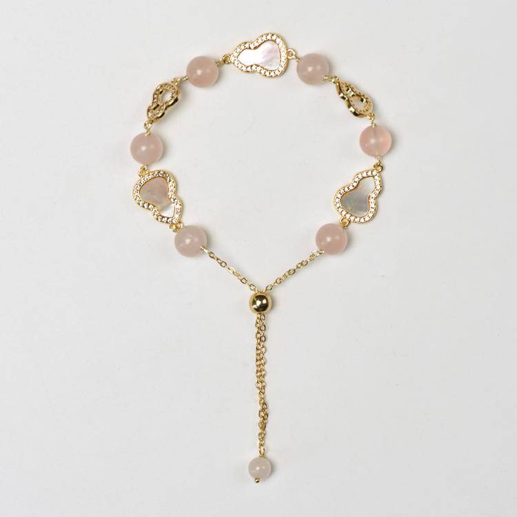 Natural Crystal Gourd Bracelet with Heart Mother-of-Pearl Clasp & Y Chain Drop, Rose Quartz Red Agate Amethyst Gemstone Bead Bracelet, Vintage Light Luxury Jewelry