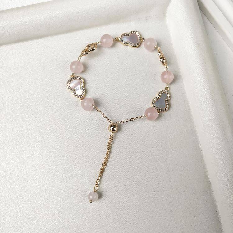 Natural Crystal Gourd Bracelet with Heart Mother-of-Pearl Clasp & Y Chain Drop, Rose Quartz Red Agate Amethyst Gemstone Bead Bracelet, Vintage Light Luxury Jewelry