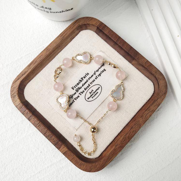 Natural Crystal Gourd Bracelet with Heart Mother-of-Pearl Clasp & Y Chain Drop, Rose Quartz Red Agate Amethyst Gemstone Bead Bracelet, Vintage Light Luxury Jewelry