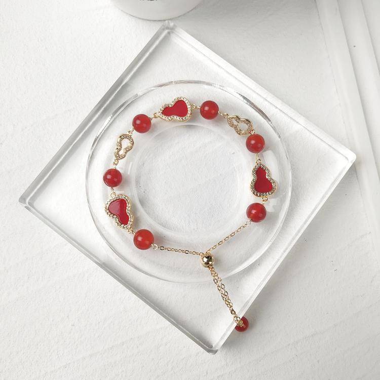 Natural Crystal Gourd Bracelet with Heart Mother-of-Pearl Clasp & Y Chain Drop, Rose Quartz Red Agate Amethyst Gemstone Bead Bracelet, Vintage Light Luxury Jewelry