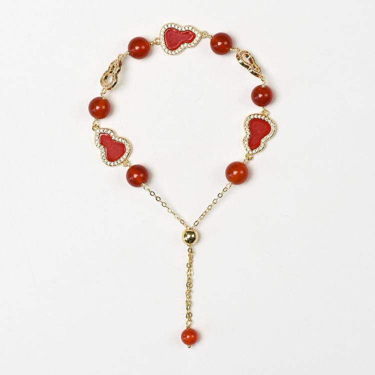 Natural Crystal Gourd Bracelet with Heart Mother-of-Pearl Clasp & Y Chain Drop, Rose Quartz Red Agate Amethyst Gemstone Bead Bracelet, Vintage Light Luxury Jewelry