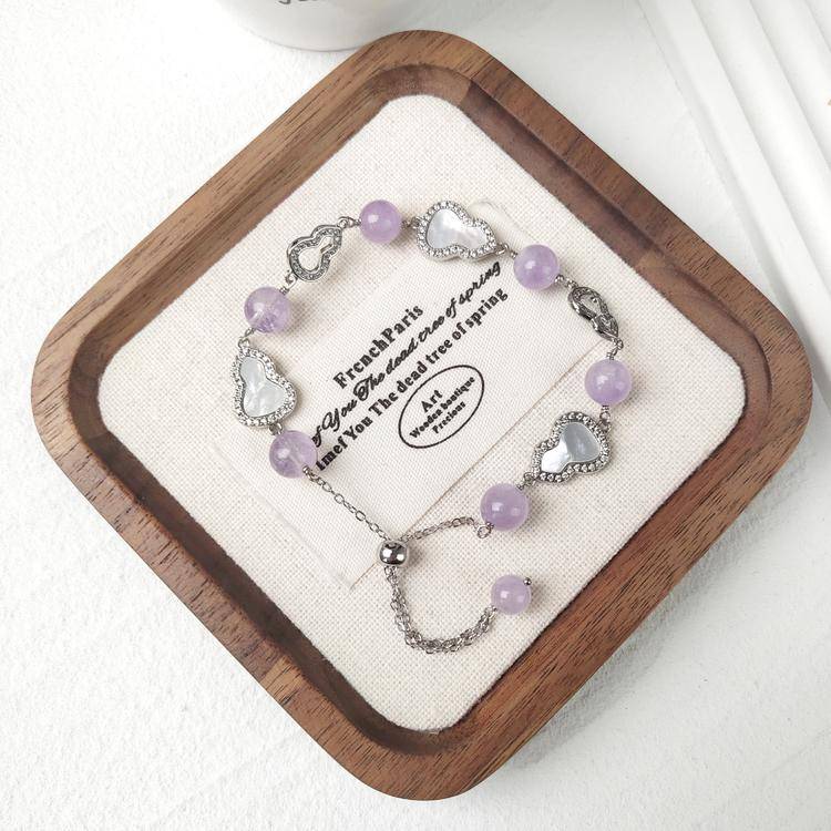 Natural Crystal Gourd Bracelet with Heart Mother-of-Pearl Clasp & Y Chain Drop, Rose Quartz Red Agate Amethyst Gemstone Bead Bracelet, Vintage Light Luxury Jewelry