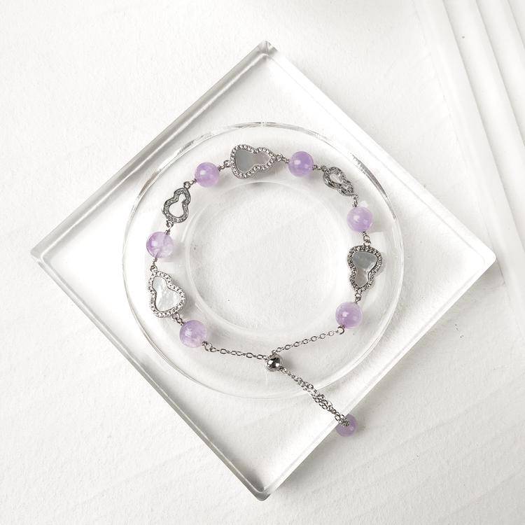 Natural Crystal Gourd Bracelet with Heart Mother-of-Pearl Clasp & Y Chain Drop, Rose Quartz Red Agate Amethyst Gemstone Bead Bracelet, Vintage Light Luxury Jewelry