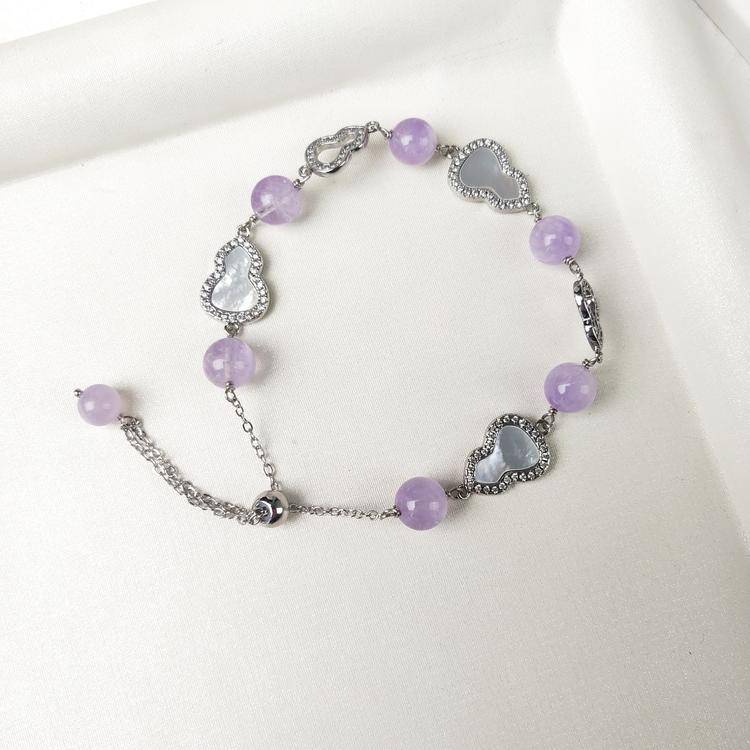 Natural Crystal Gourd Bracelet with Heart Mother-of-Pearl Clasp & Y Chain Drop, Rose Quartz Red Agate Amethyst Gemstone Bead Bracelet, Vintage Light Luxury Jewelry