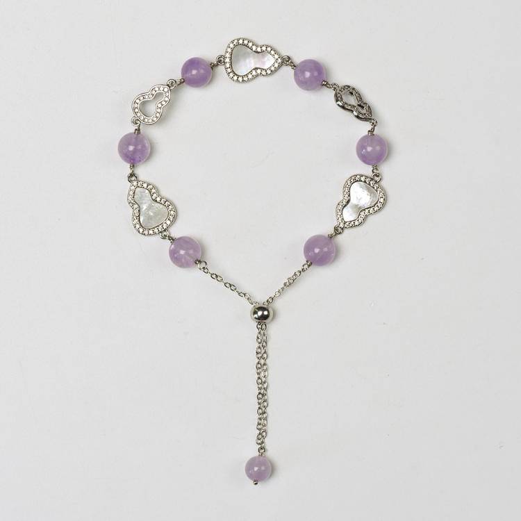 Natural Crystal Gourd Bracelet with Heart Mother-of-Pearl Clasp & Y Chain Drop, Rose Quartz Red Agate Amethyst Gemstone Bead Bracelet, Vintage Light Luxury Jewelry