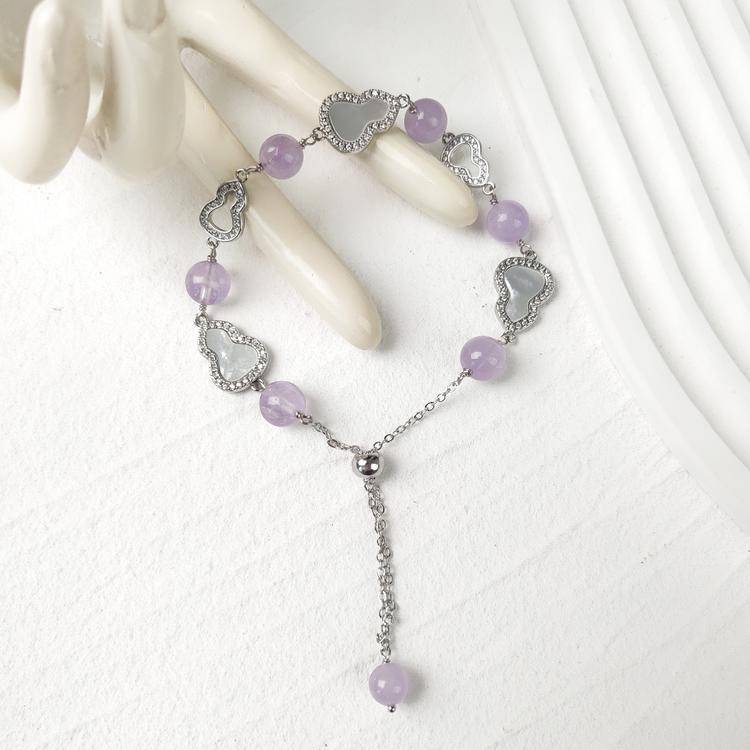 Natural Crystal Gourd Bracelet with Heart Mother-of-Pearl Clasp & Y Chain Drop, Rose Quartz Red Agate Amethyst Gemstone Bead Bracelet, Vintage Light Luxury Jewelry