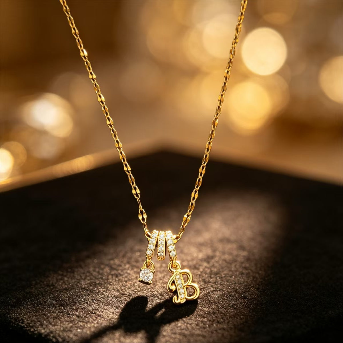 Copper Zircon Letter Necklace | Gold-Tone A-Z Initial Pendant | Stainless Steel Lip Chain