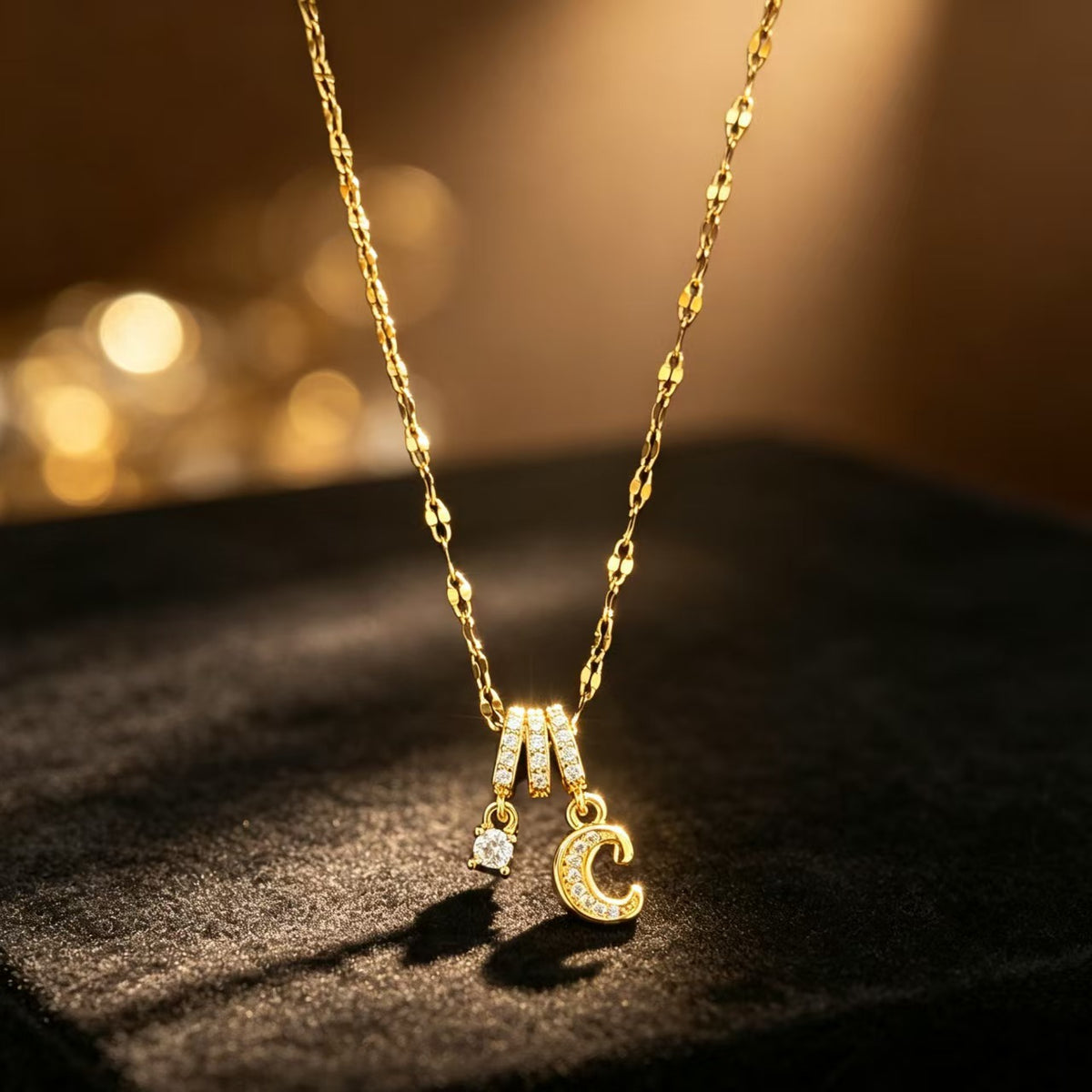 Copper Zircon Letter Necklace | Gold-Tone A-Z Initial Pendant | Stainless Steel Lip Chain