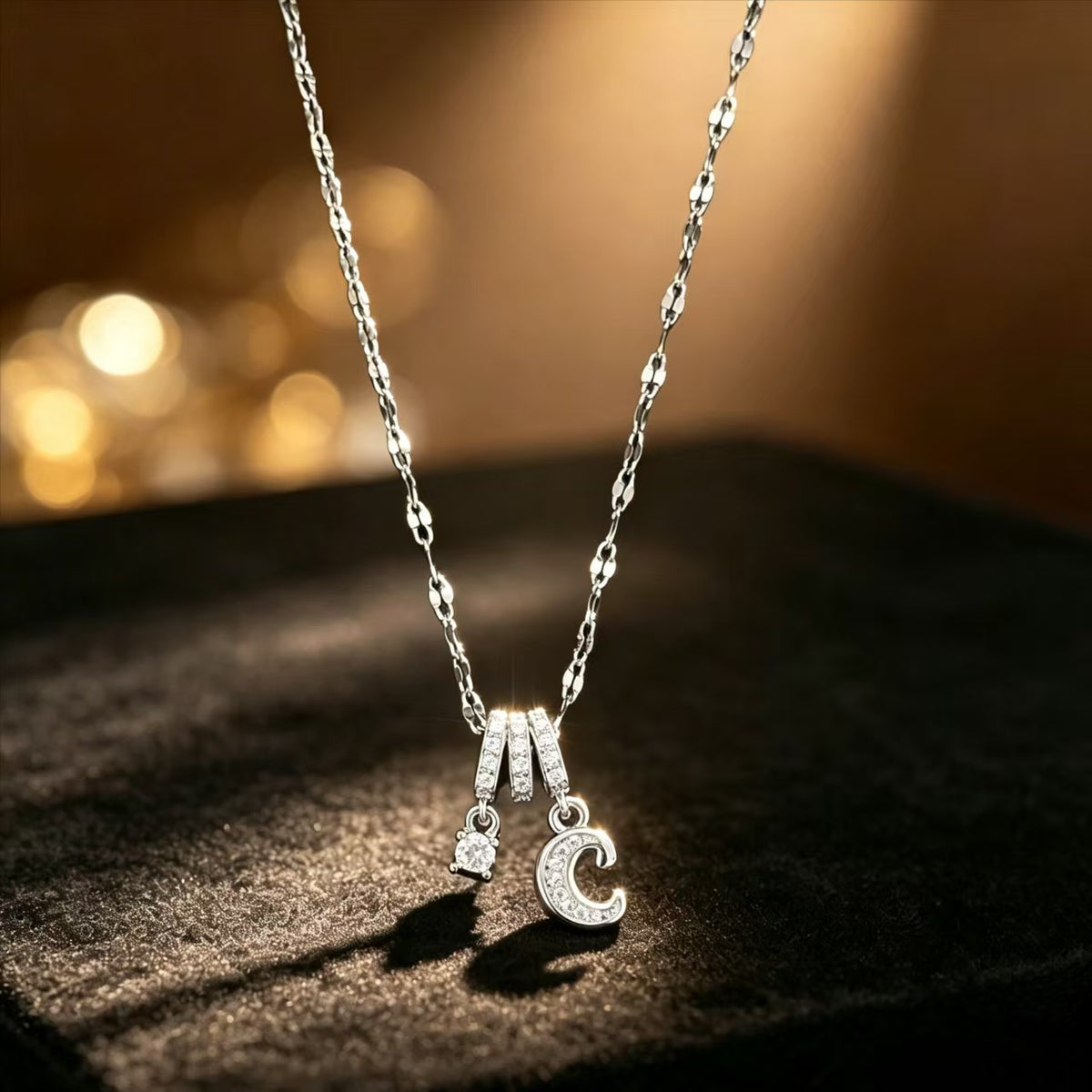 Copper Zircon Letter Necklace | Silver-Tone A-Z Initial Pendant | Stainless Steel Lip Chain