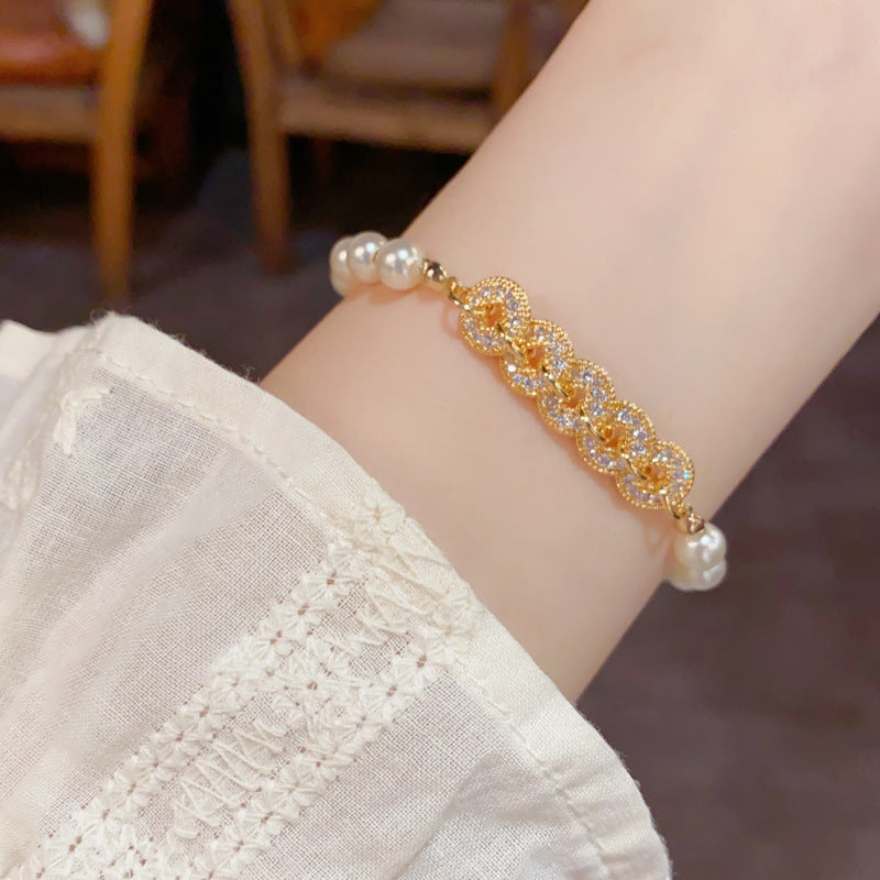 Chinese-inspired zircon coin pearl bracelet for women