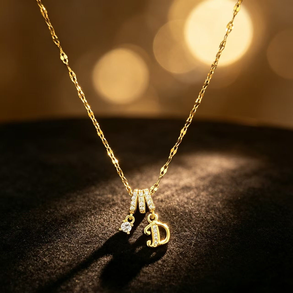 Copper Zircon Letter Necklace | Gold-Tone A-Z Initial Pendant | Stainless Steel Lip Chain