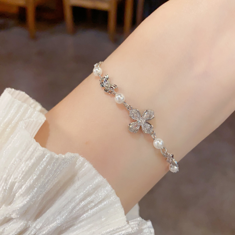 Zircon Petal Bow Pearl Bracelet | Gold & Silver Delicate Bracelet for Women