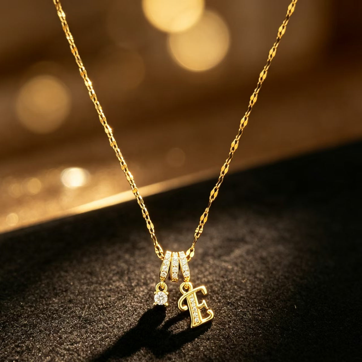 Copper Zircon Letter Necklace | Gold-Tone A-Z Initial Pendant | Stainless Steel Lip Chain