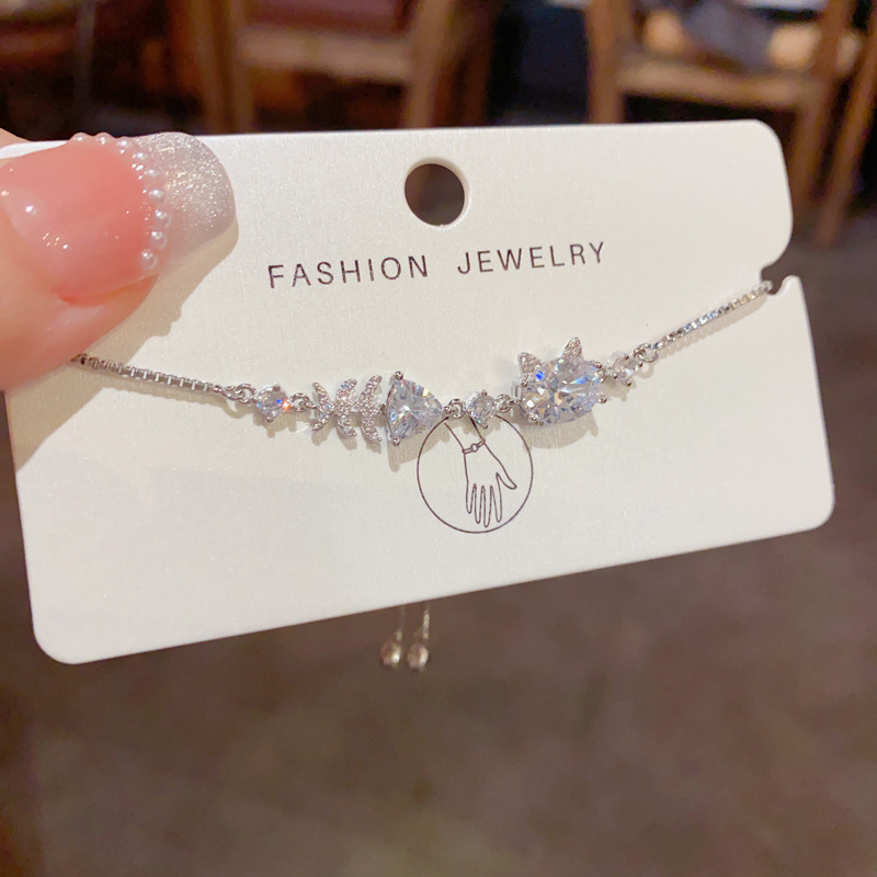 Zircon Cat Fishbone Slider Bracelet | Gold & Silver Sparkling Luxury Bracelet