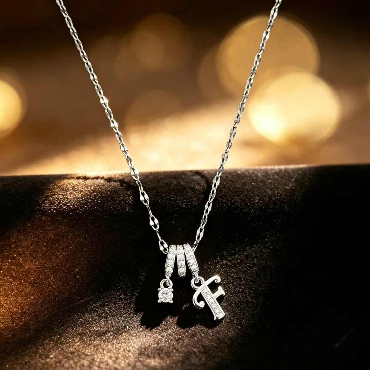 Copper Zircon Letter Necklace | Silver-Tone A-Z Initial Pendant | Stainless Steel Lip Chain