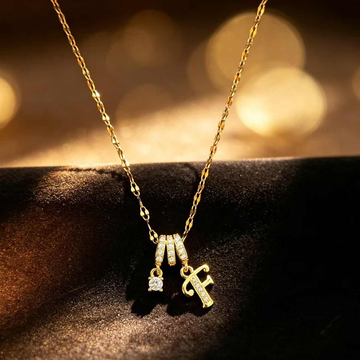 Copper Zircon Letter Necklace | Gold-Tone A-Z Initial Pendant | Stainless Steel Lip Chain