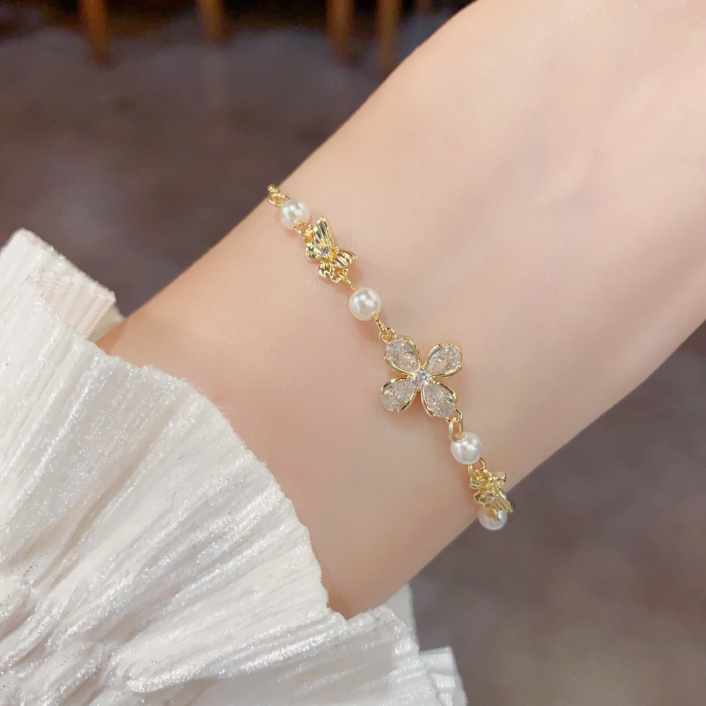 Zircon Petal Bow Pearl Bracelet | Gold & Silver Delicate Bracelet for Women