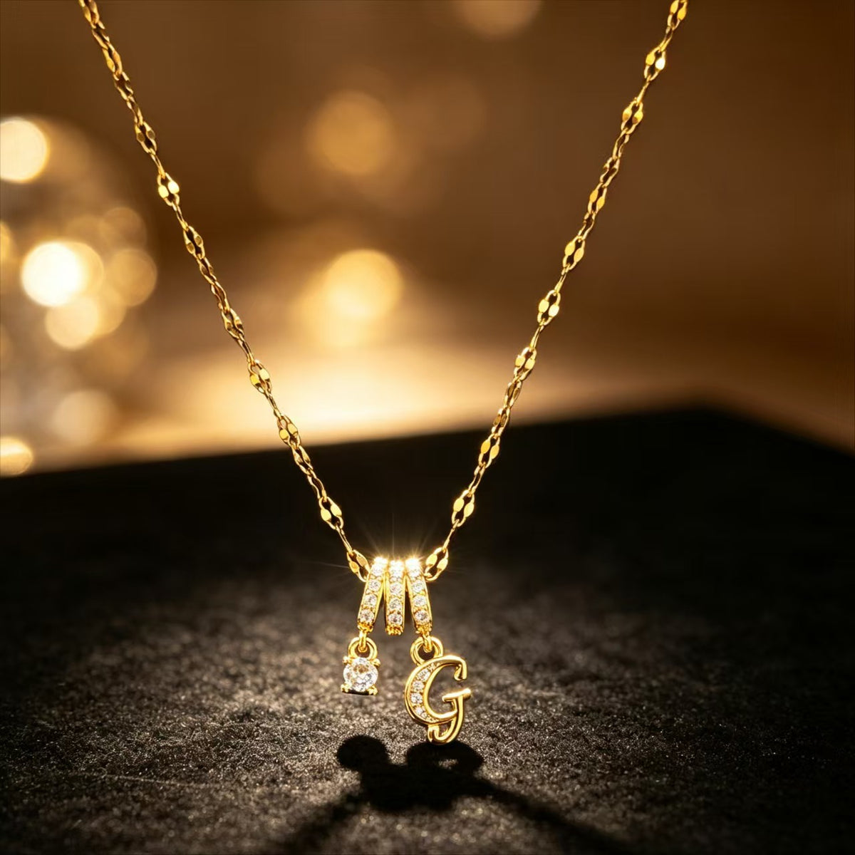 Copper Zircon Letter Necklace | Gold-Tone A-Z Initial Pendant | Stainless Steel Lip Chain