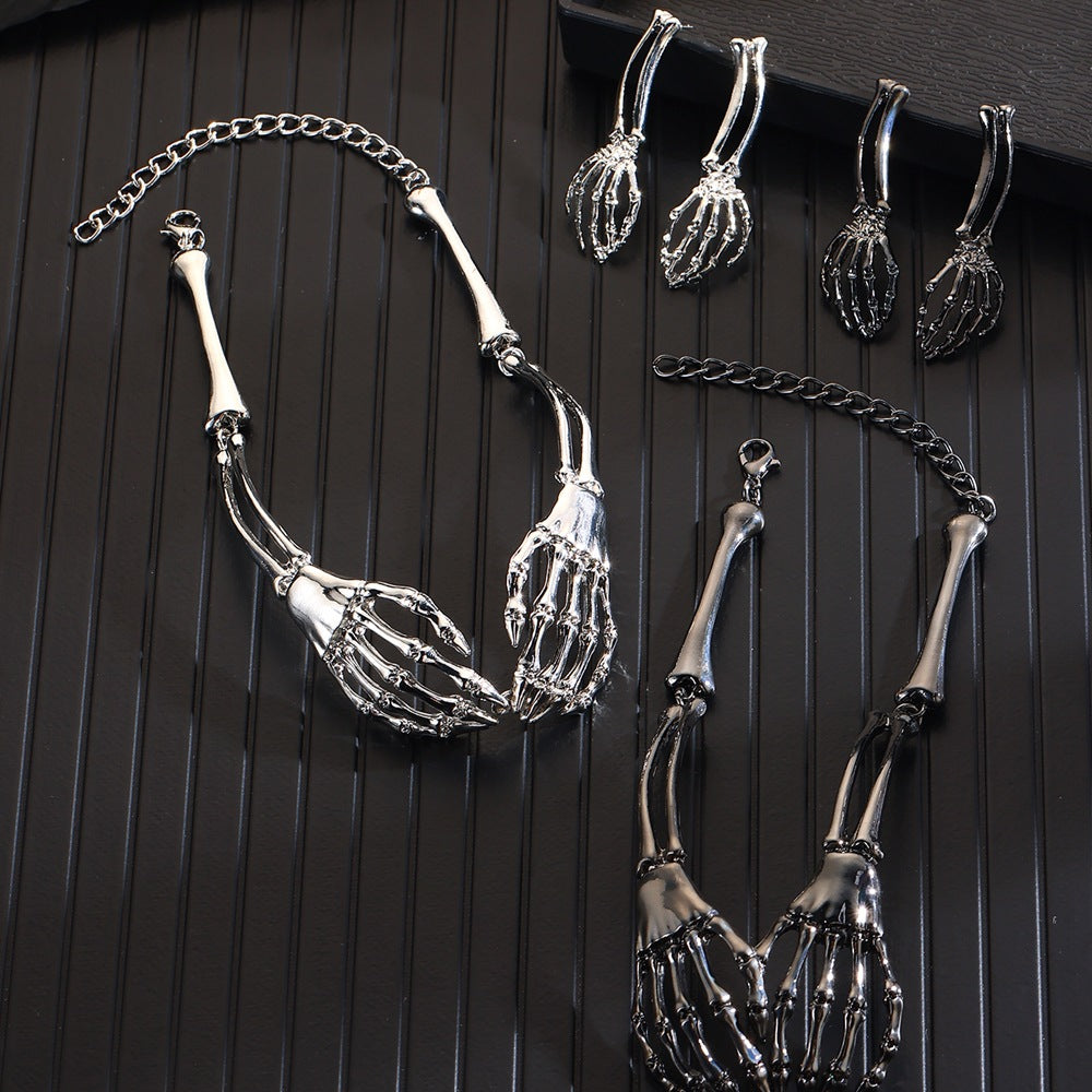 Gothic Punk Skull Necklace & Earrings Set | Vintage Statement Halloween Jewelry