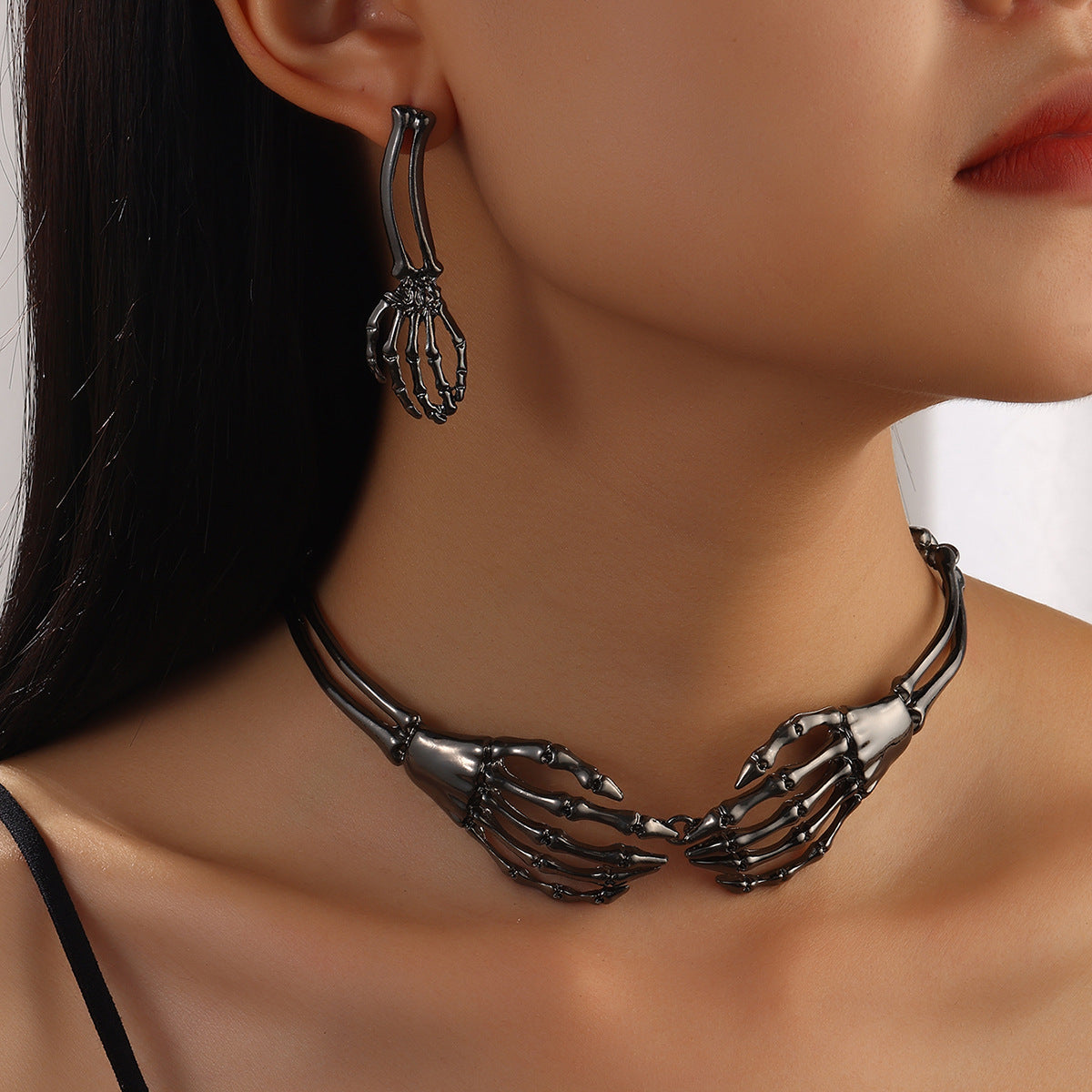 Gothic Punk Skull Necklace & Earrings Set | Vintage Statement Halloween Jewelry