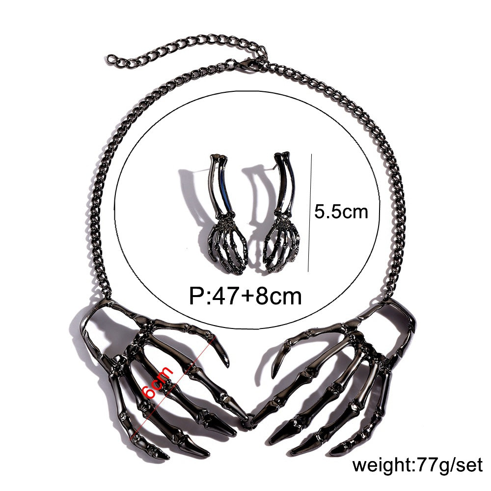 Gothic Punk Skull Necklace & Earrings Set | Vintage Statement Halloween Jewelry