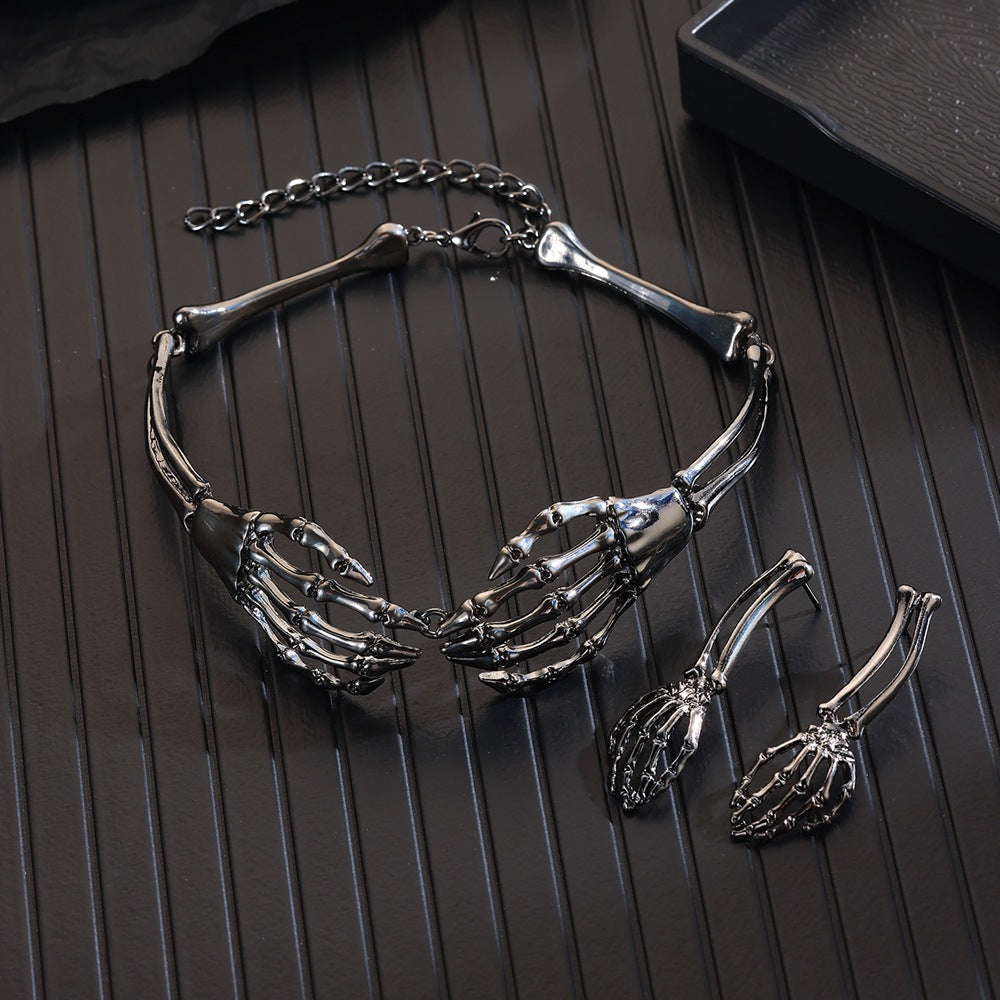 Gothic Punk Skull Necklace & Earrings Set | Vintage Statement Halloween Jewelry