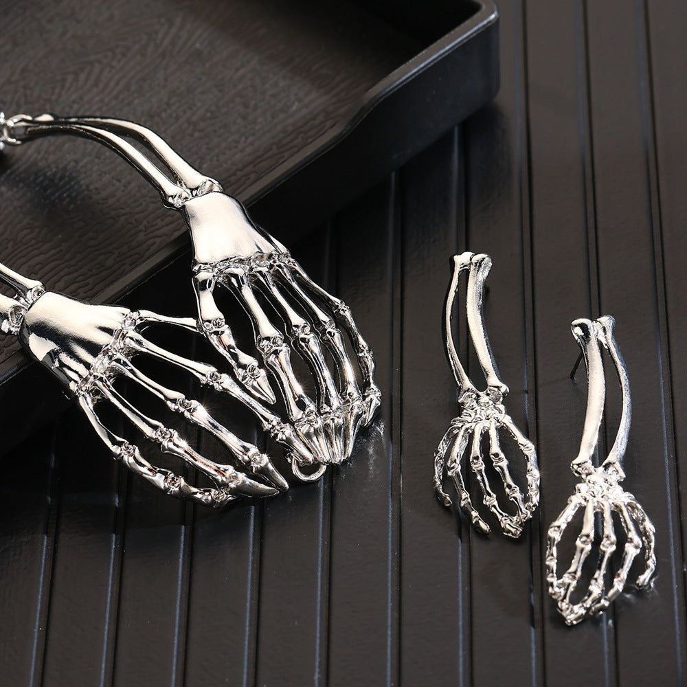 Gothic Punk Skull Necklace & Earrings Set | Vintage Statement Halloween Jewelry