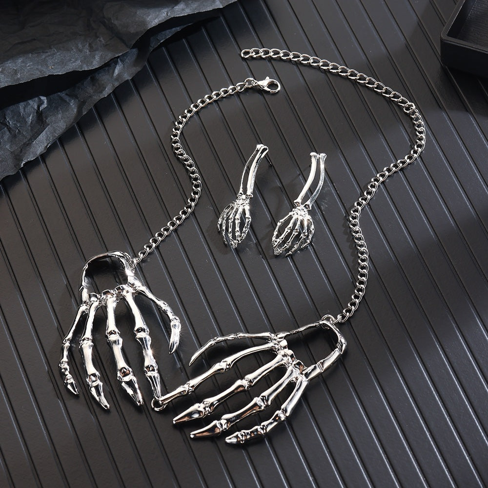 Gothic Punk Skull Necklace & Earrings Set | Vintage Statement Halloween Jewelry