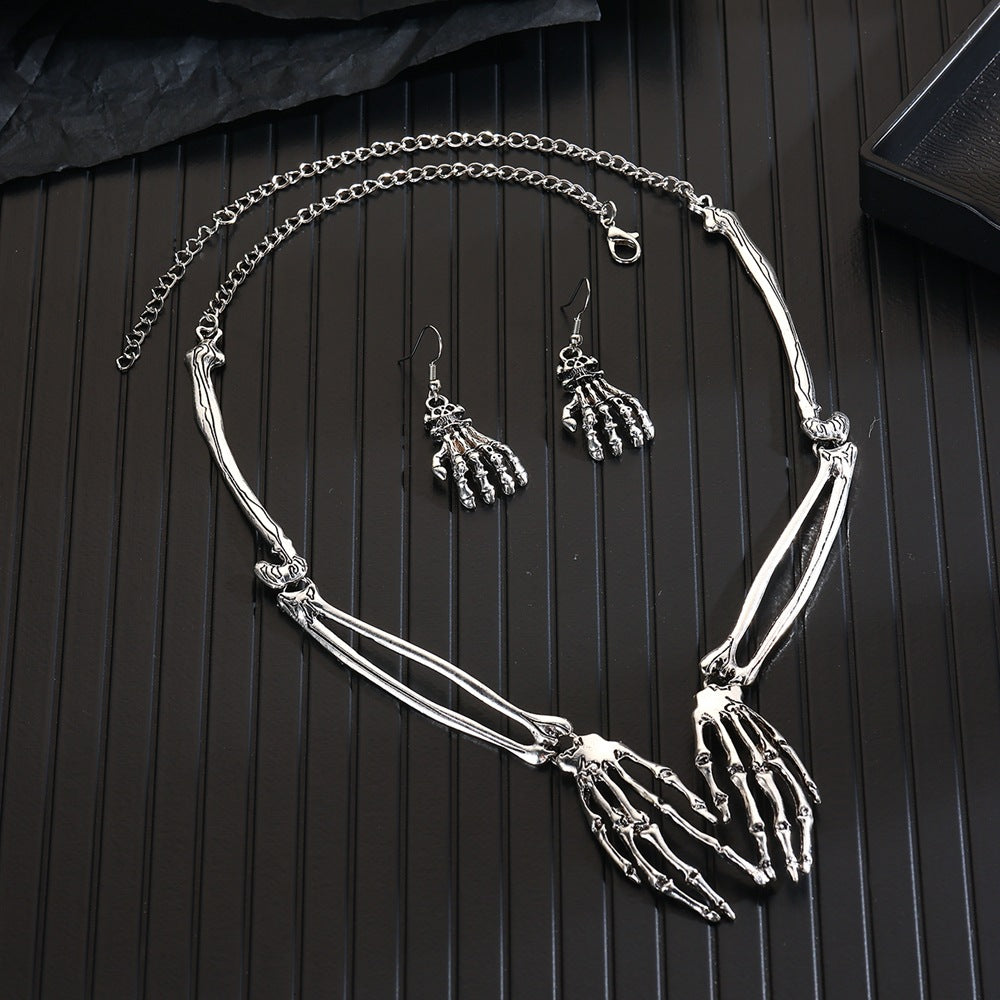 Gothic Punk Skull Necklace & Earrings Set | Vintage Statement Halloween Jewelry