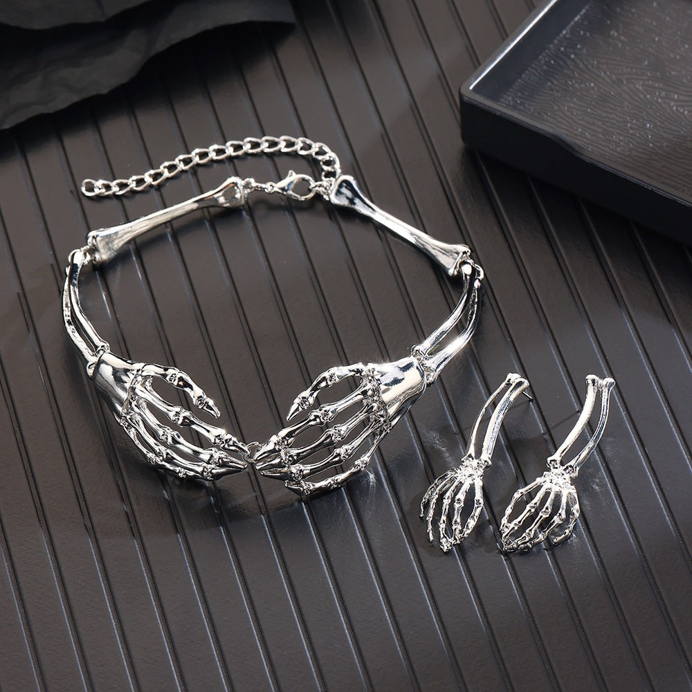 Gothic Punk Skull Necklace & Earrings Set | Vintage Statement Halloween Jewelry
