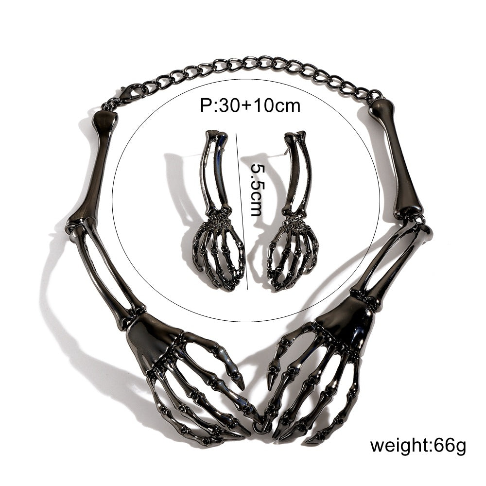 Gothic Punk Skull Necklace & Earrings Set | Vintage Statement Halloween Jewelry