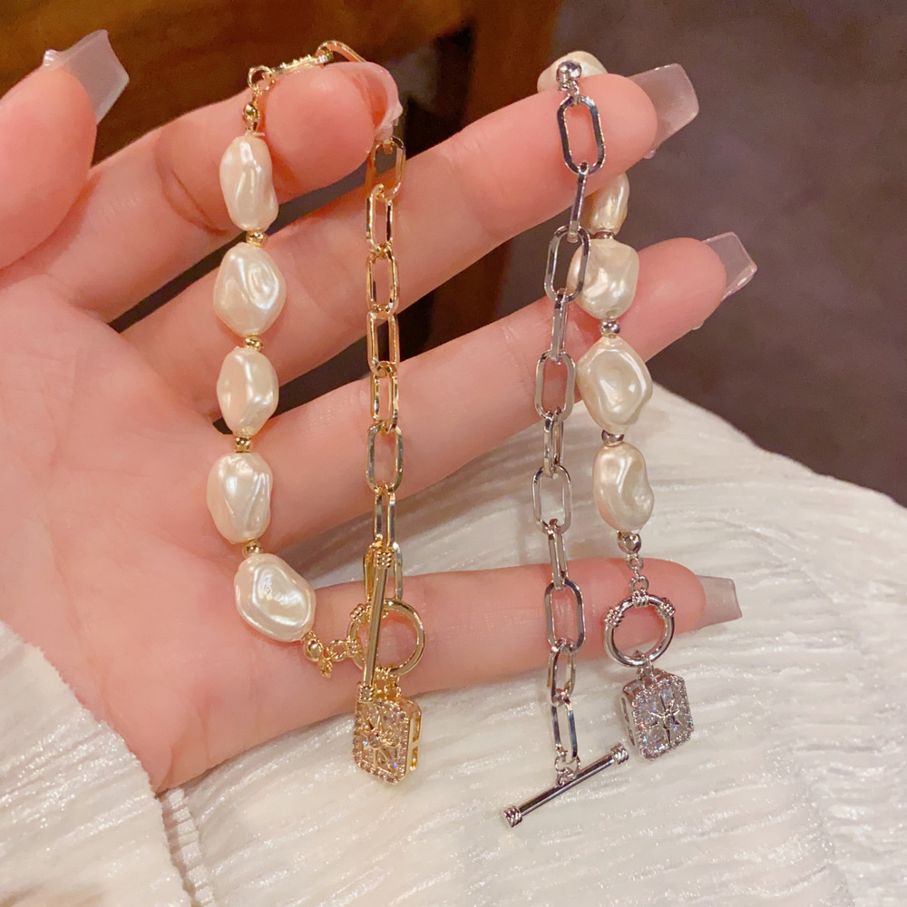 Gold and silver T-bar pearl bracelet