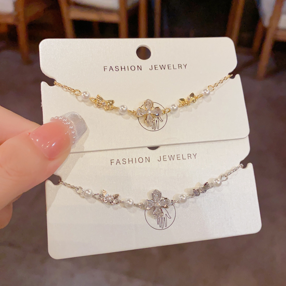 Zircon Petal Bow Pearl Bracelet | Gold & Silver Delicate Bracelet for Women