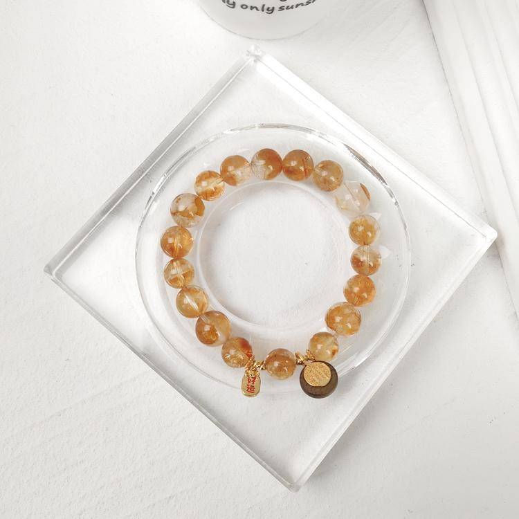 Natural Golden Rutilated Quartz & Citrine Crystal Bracelet with Agarwood Charm – Feng Shui Wealth Luck Jewelry